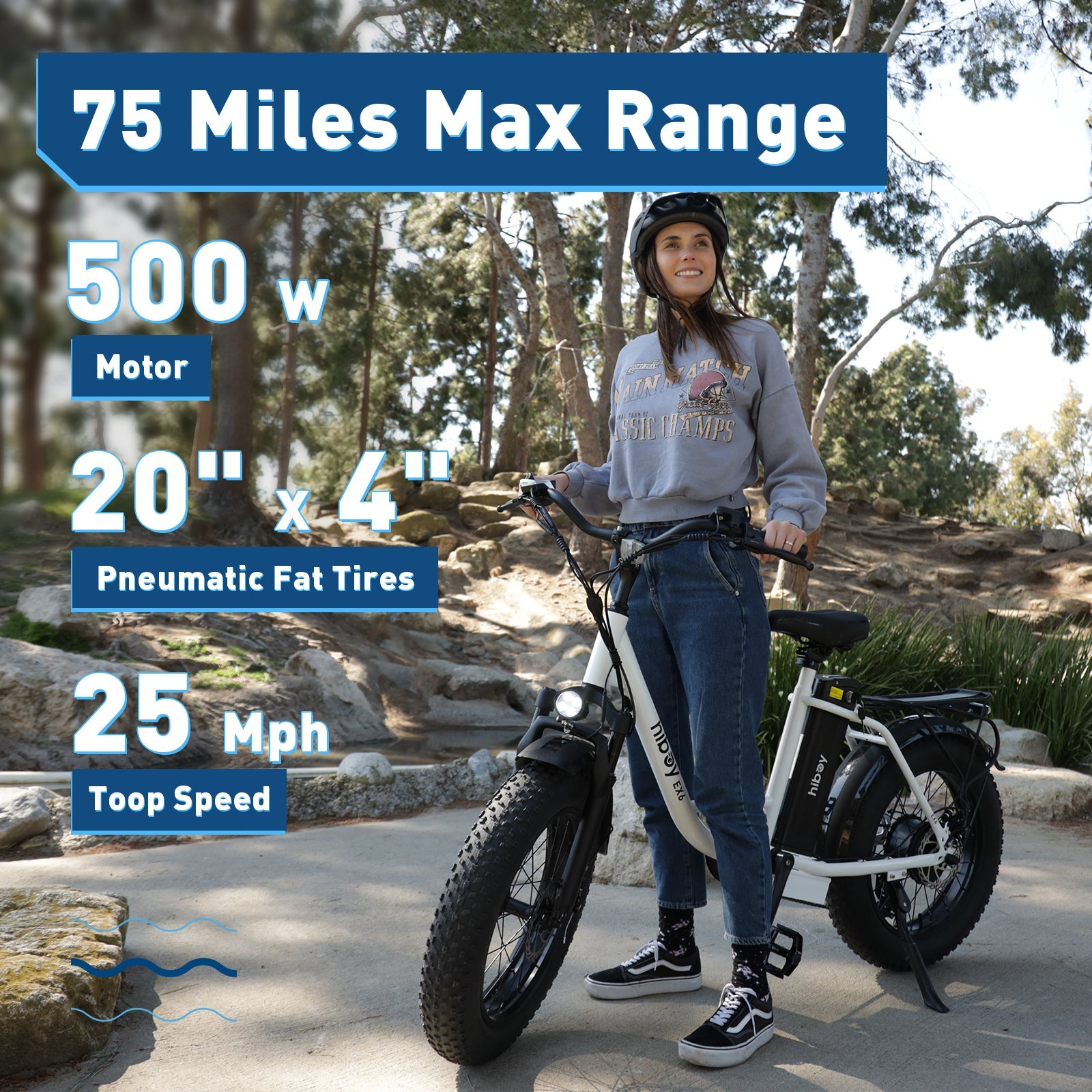 HiBoy - EX6 eBike w/ 75 mi Max Operating Range & 25 mph Max Speed - Black - EX6