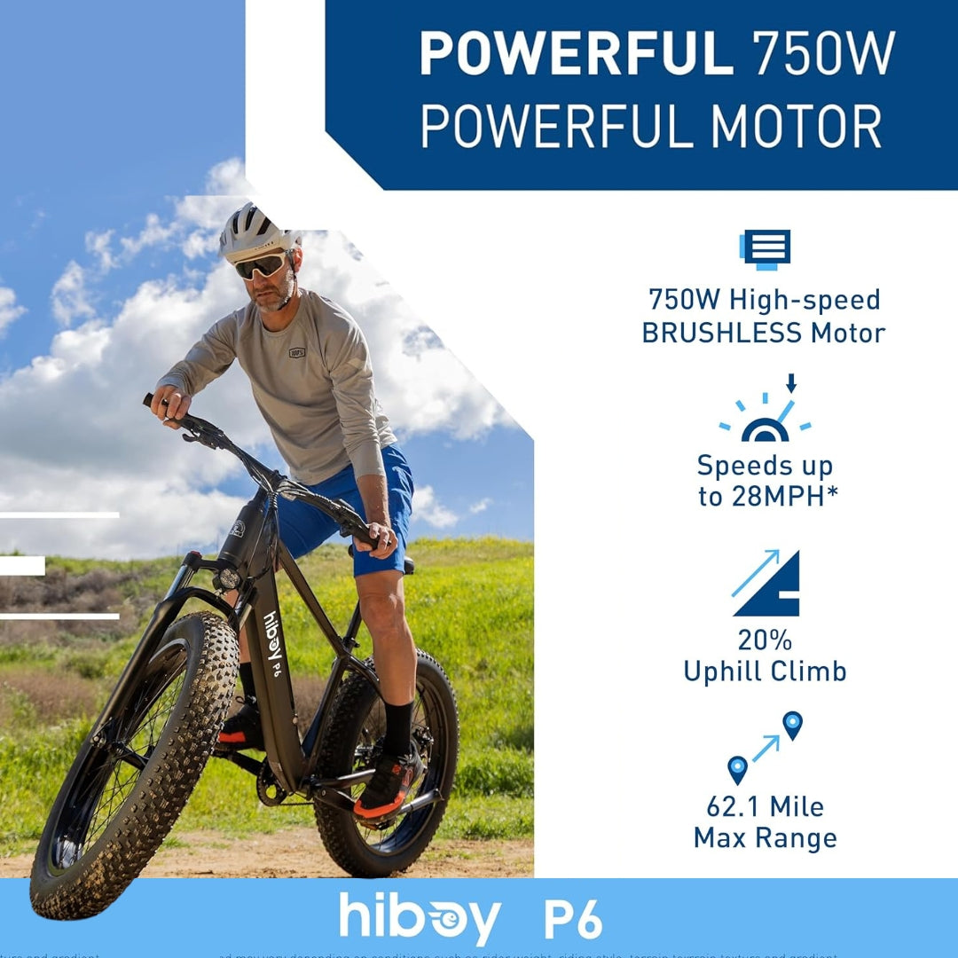 HiBoy - P6 eBike w/ 62.1 mi Max Operating Range & 28 mph Max Speed - Black - P6